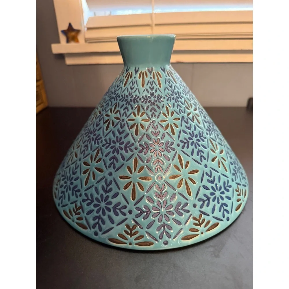 Turquoise Ceramic Pedestal Bowl Embossed Floral Geometric Centerpiece 10in